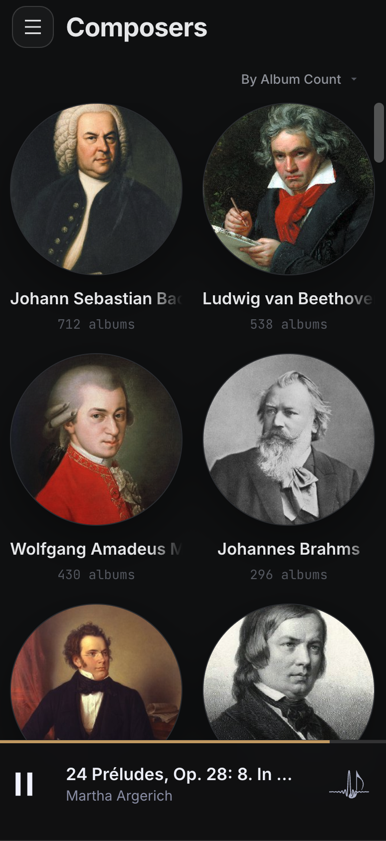 PureAlbum mobile Composers view with composer portraits and album counts